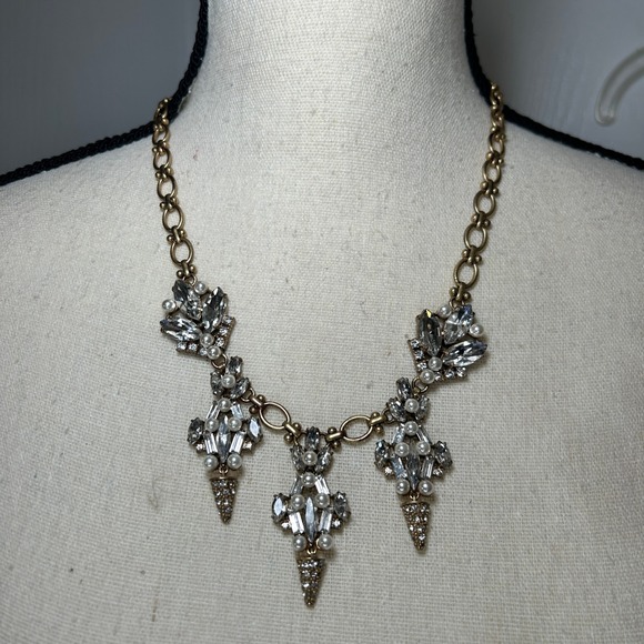 J. Crew Statement Necklace Gold Tone Clear Rhinestone Faux Pearl Elegant - Picture 1 of 4